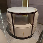 Round Marble-Top SideTable with Diamond-Tufted Leather Body, Open Shelf and Single Drawer